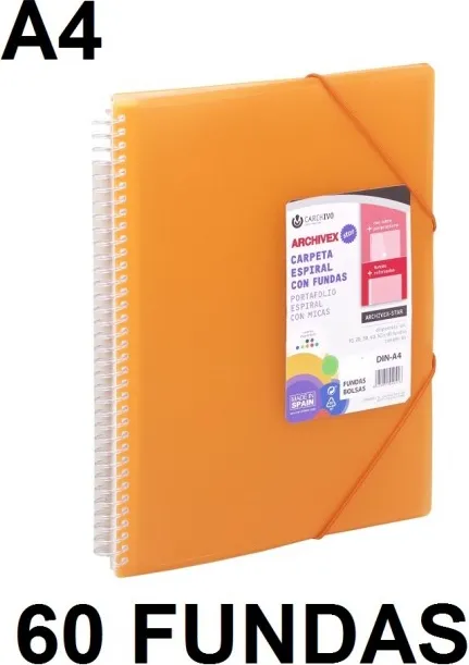 CARPETA 60 FUNDAS A4 ESPIRAL ARCHIVEX STAR NARANJA