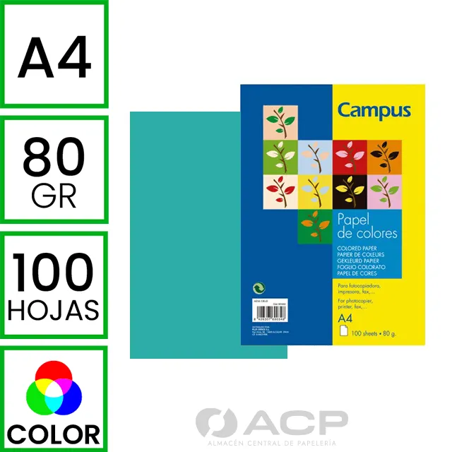 PAPEL A4 80GR CAMPUS AZUL TURQUESA 100H