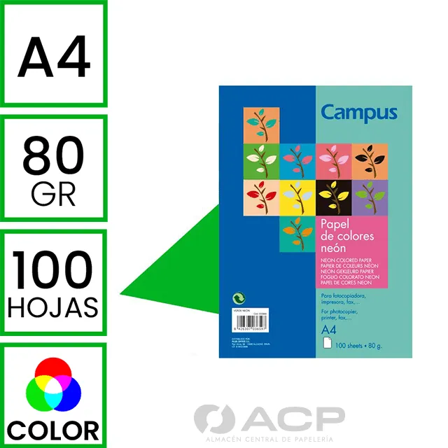 PAPEL A4 80GR CAMPUS VERDE NEON 100H