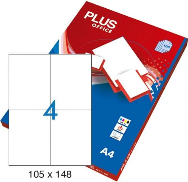 Etiquetas Autoadhesivas PLUS Office 105MMX148MM Cantos Rectos 4XHOJA 100 Hojas