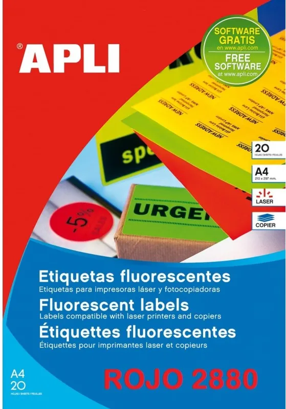 ETIQUETA APLI A4 ROJO FLUOR 210x297