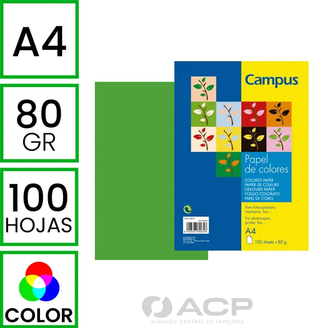 PAPEL A4 80GR CAMPUS VERDE MANZANA 100H