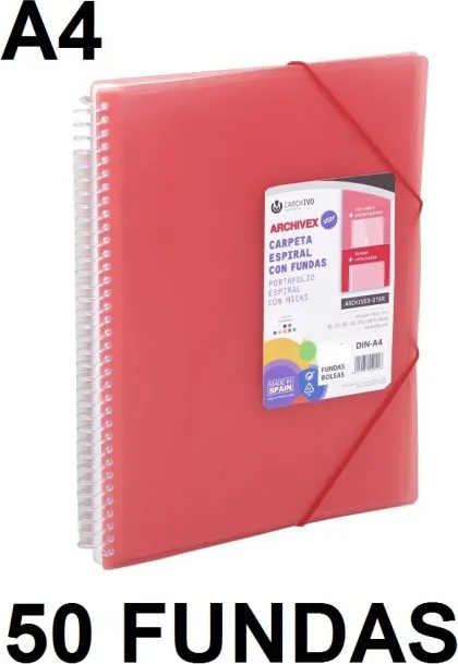 CARPETA 50 FUNDAS A4 ESPIRAL ARCHIVEX STAR ROJO