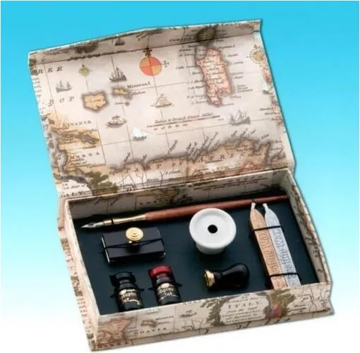 ESTUCHE DE ESCRITURA ANTIGUA CON PALILLERO, PLUMAS, TINTERO