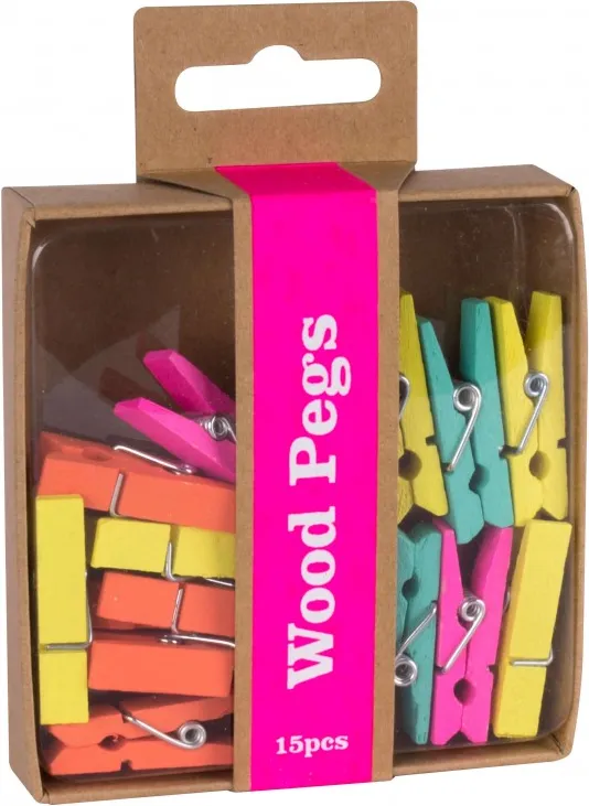 PINZAS MADERA COLORES FLUORESCENTES 15 UNID.