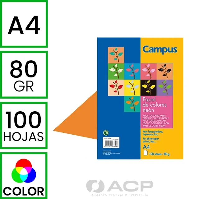 PAPEL A4 80GR CAMPUS NARANJA NEON 100H