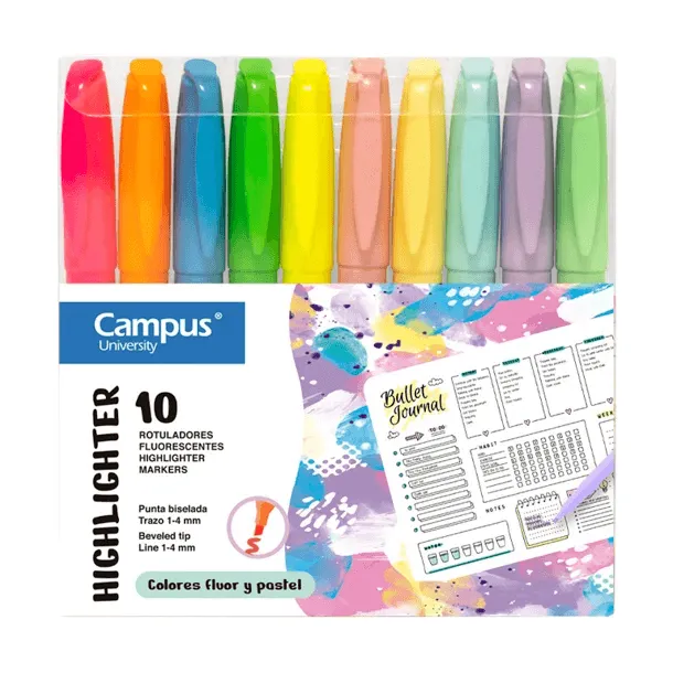 ROTULADOR FLUOR CAMPUS 10 COLORES NEON Y PASTEL