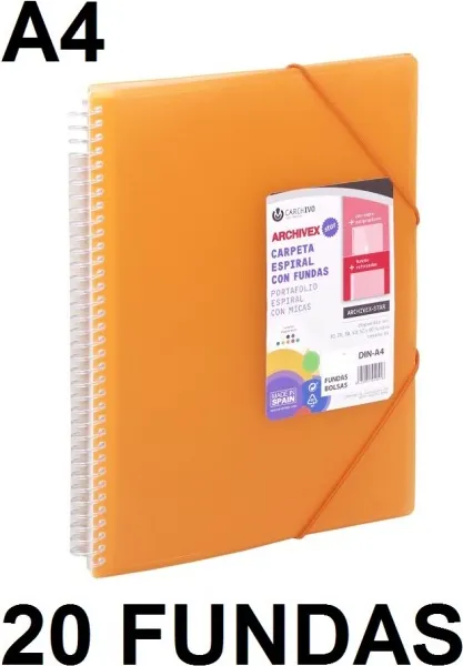 CARPETA 20 FUNDAS A4 ESPIRAL ARCHIVEX STAR NARANJA