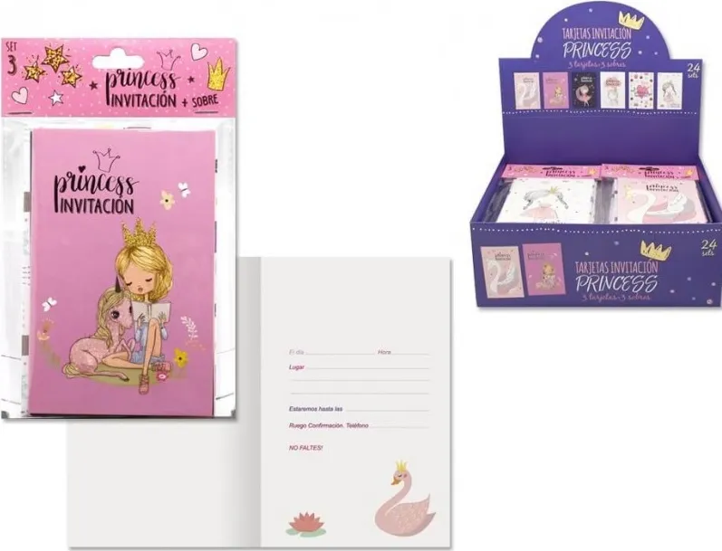 SET 3 TARJETAS + 3 INVITACIONES PRINCESA