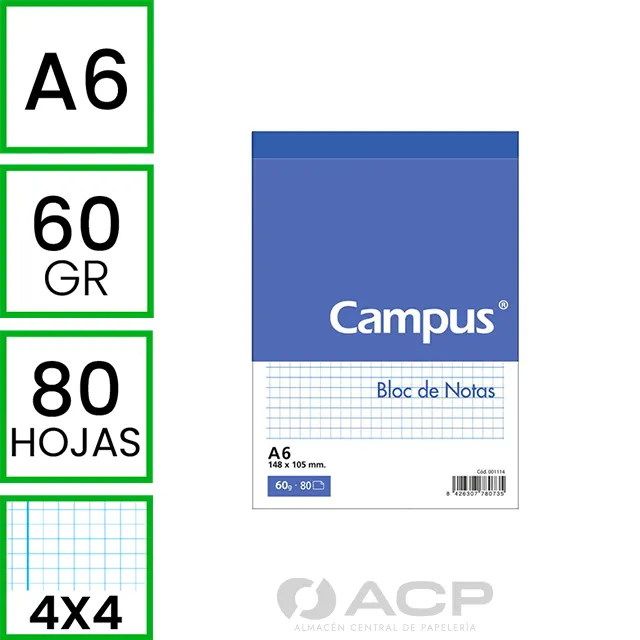 BLOC NOTAS MICROPERFORADO A6 80H 60G CUADRO 4X4